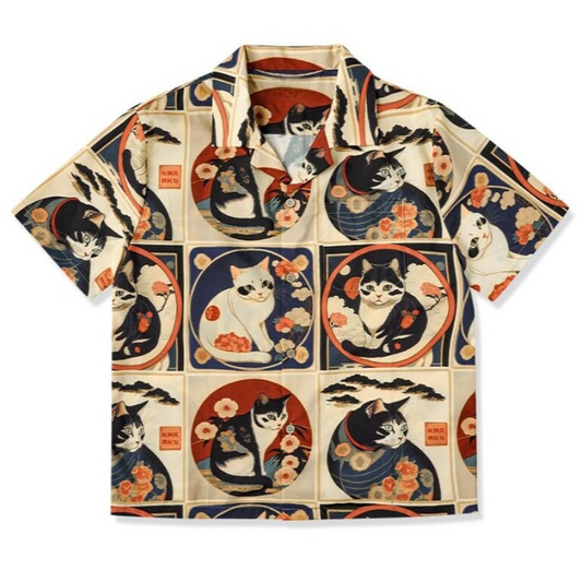 猫プリント折り襟シャツ