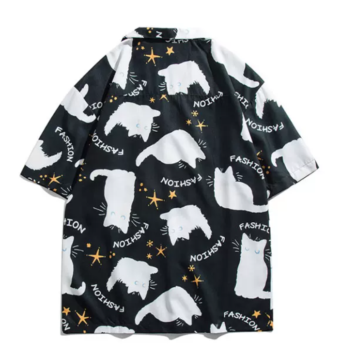 ゆったり感猫プリント半袖シャツ3色