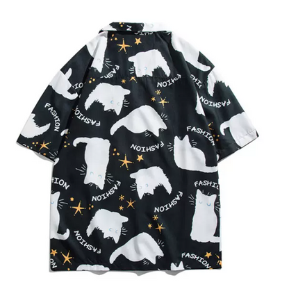 ゆったり感猫プリント半袖シャツ3色