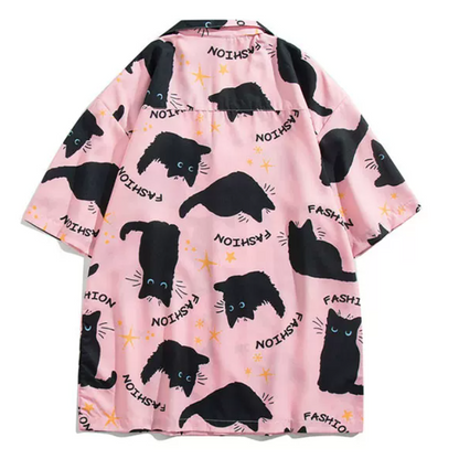ゆったり感猫プリント半袖シャツ3色