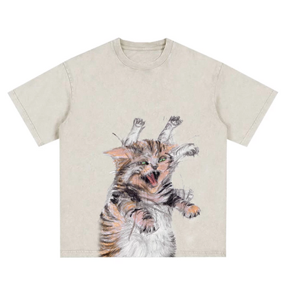 落書き風猫プリント半袖コットンＴシャツ