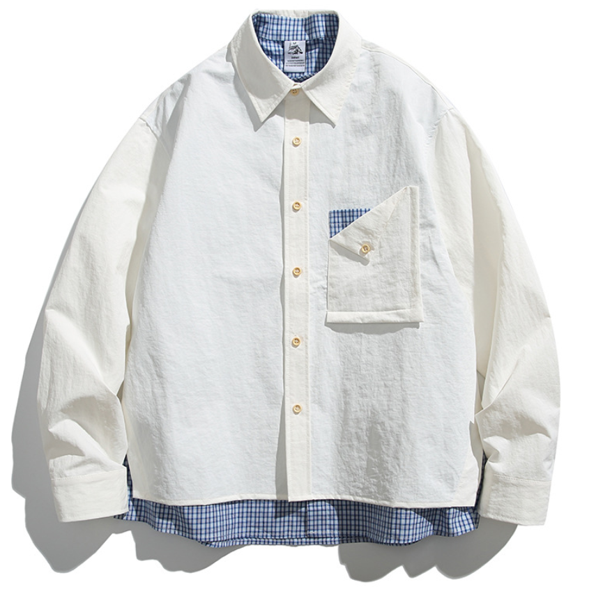 無地シャツ×チェック柄シャツ　フェイクレイヤード仕様デザインシャツ