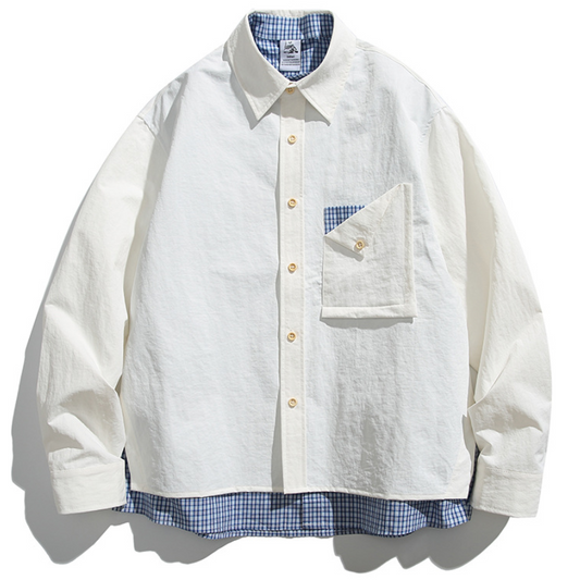 無地シャツ×チェック柄シャツ　フェイクレイヤード仕様デザインシャツ