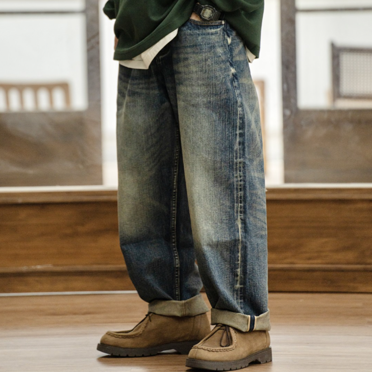 エイジング加工バレルレッグデニムパンツ