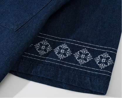 民族調刺繍入りオープンカラーデニムシャツ
