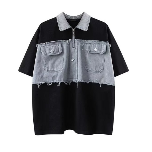 夏新作　再構築ゆったり感デニム切替えポロＴシャツ