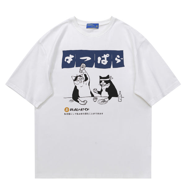 飲む猫プリント丸首Tシャツ