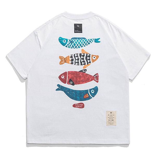 「山野の小魚」プリントコットン半袖Tシャツ