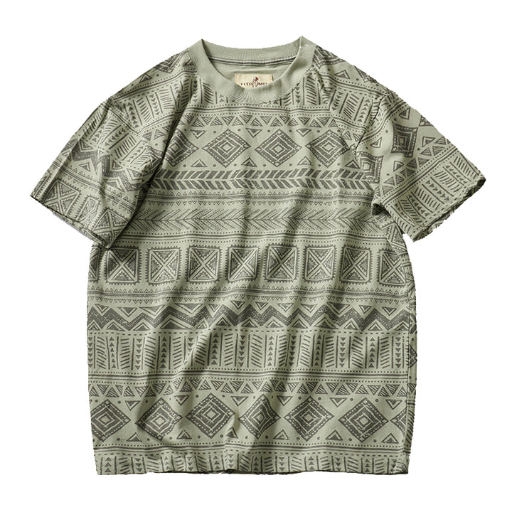 エスニック調　幾何学総柄プリントTシャツ