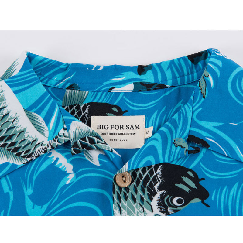 「鯉」プリント夏のブルーアロハシャツ