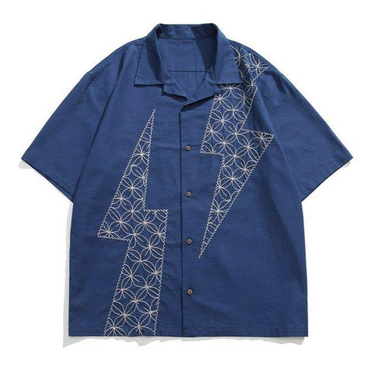 刺繍「稲妻」ファッション半袖シャツ