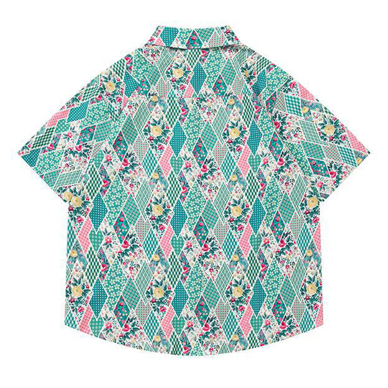 レトロ花柄ダイヤモンド切り替え半袖シャツ