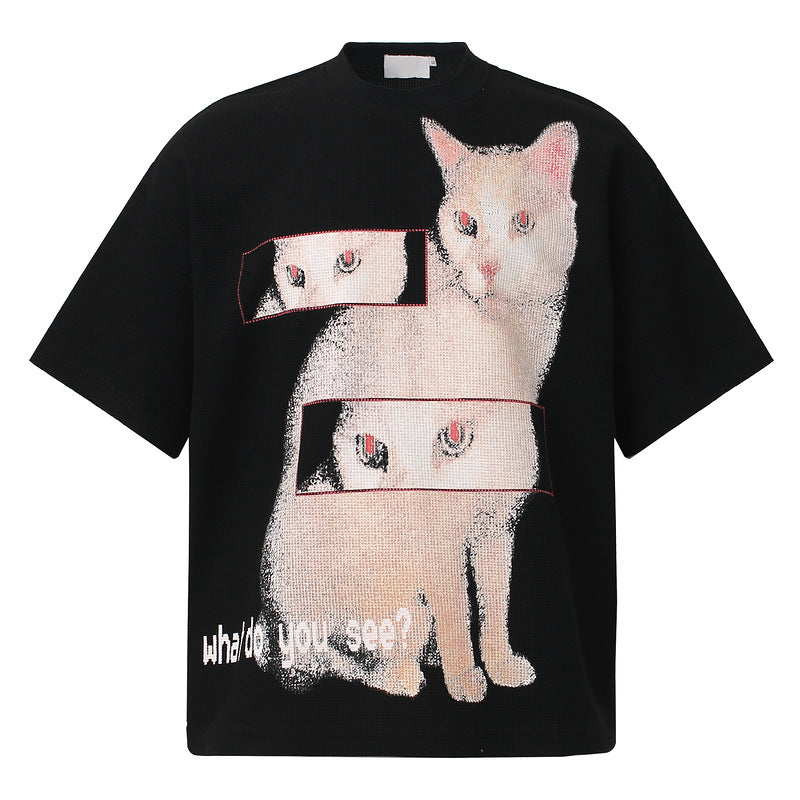 猫プリント半袖ワッフルＴシャツ黒