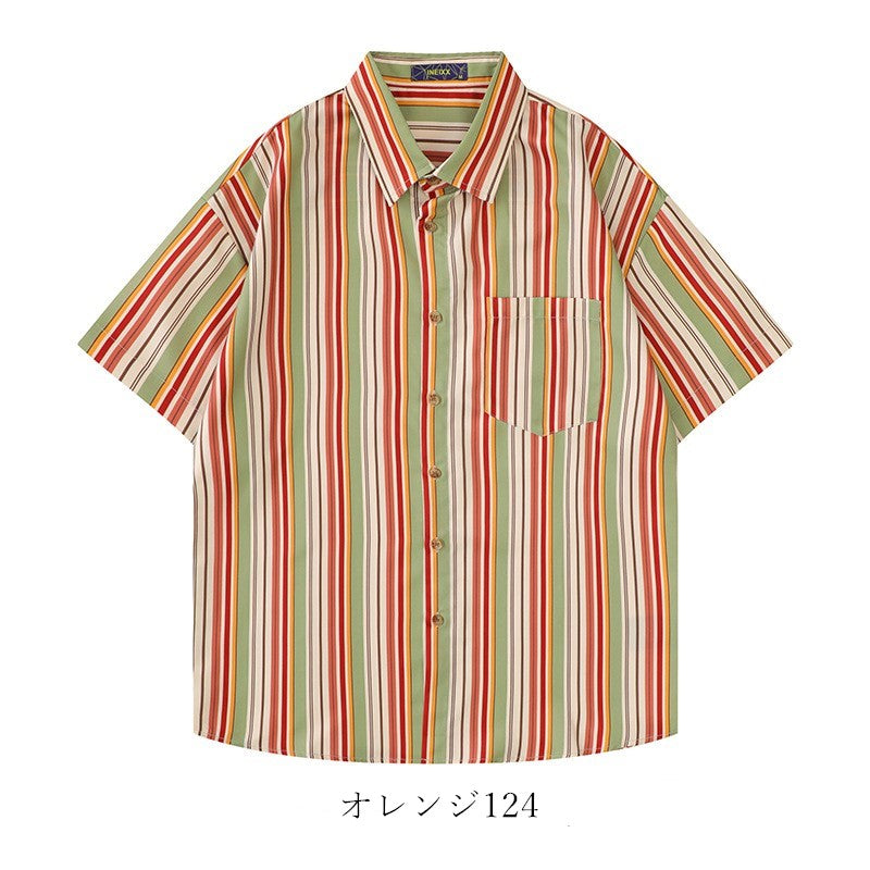 レトロ風ストラップ柄ポケット半袖シャツ
