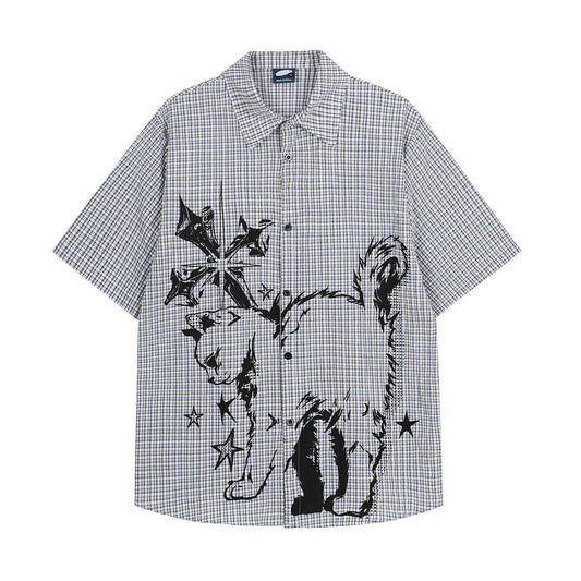 折り襟猫プリント半袖チャック柄シャツ