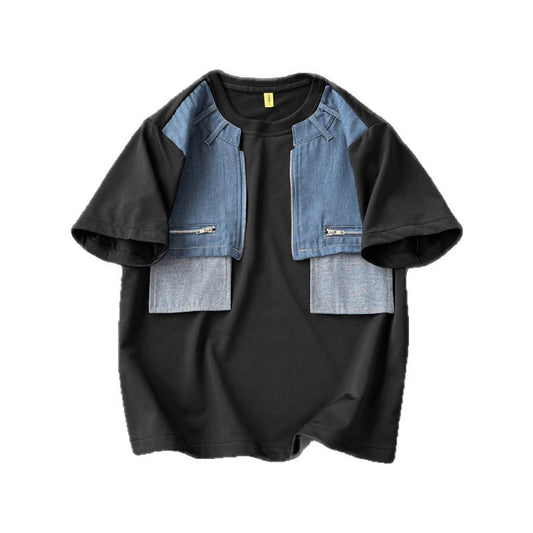 デニムパッチワーク切り替え半袖T シャツ