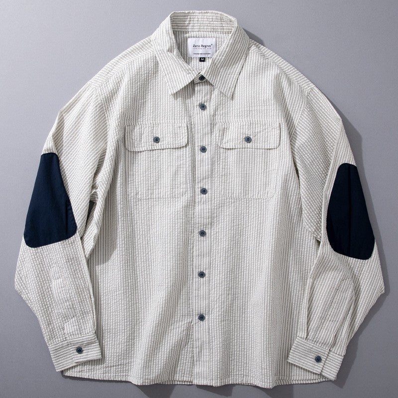 パッチ切り替え春夏メンズ長袖シャツ