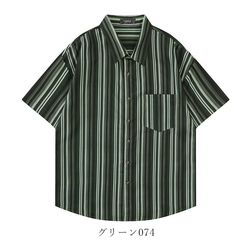 レトロ風ストラップ柄ポケット半袖シャツ