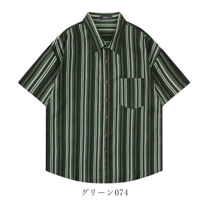 レトロ風ストラップ柄ポケット半袖シャツ