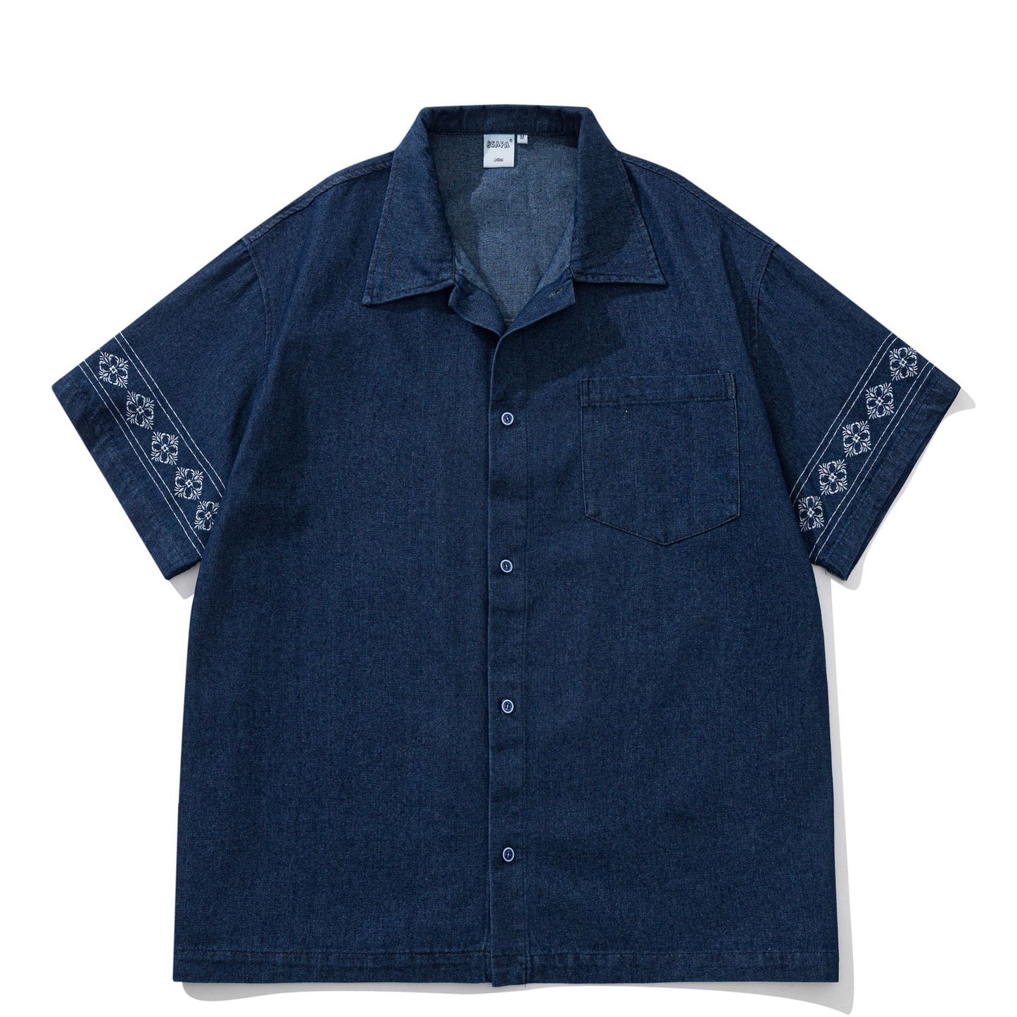 民族調刺繍入りオープンカラーデニムシャツ