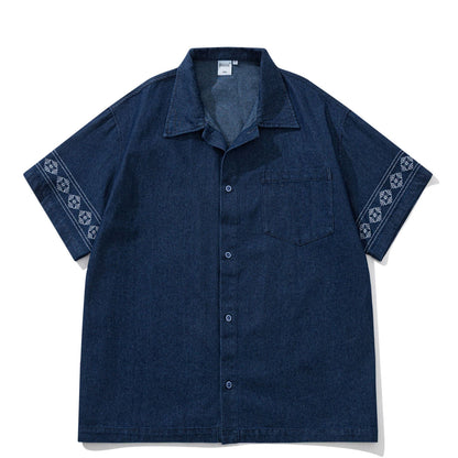 民族調刺繍入りオープンカラーデニムシャツ