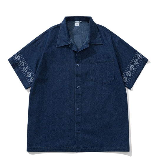 民族調刺繍入りオープンカラーデニムシャツ