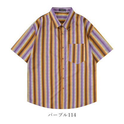 レトロ風ストラップ柄ポケット半袖シャツ
