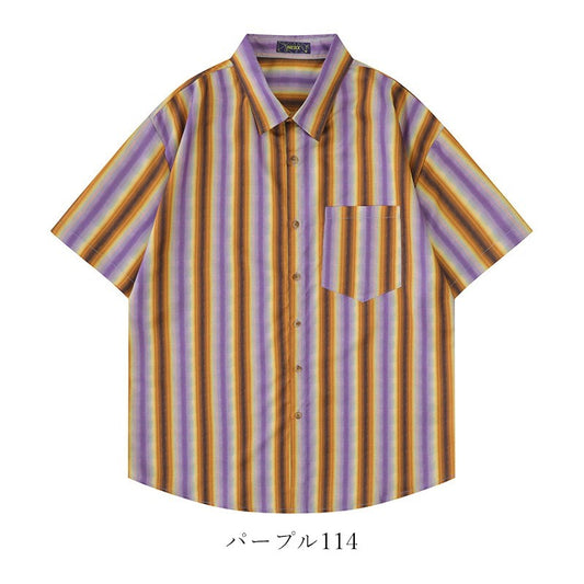 レトロ風ストラップ柄ポケット半袖シャツ
