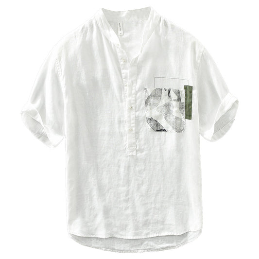 Color-coordinated stand-collar linen shirt