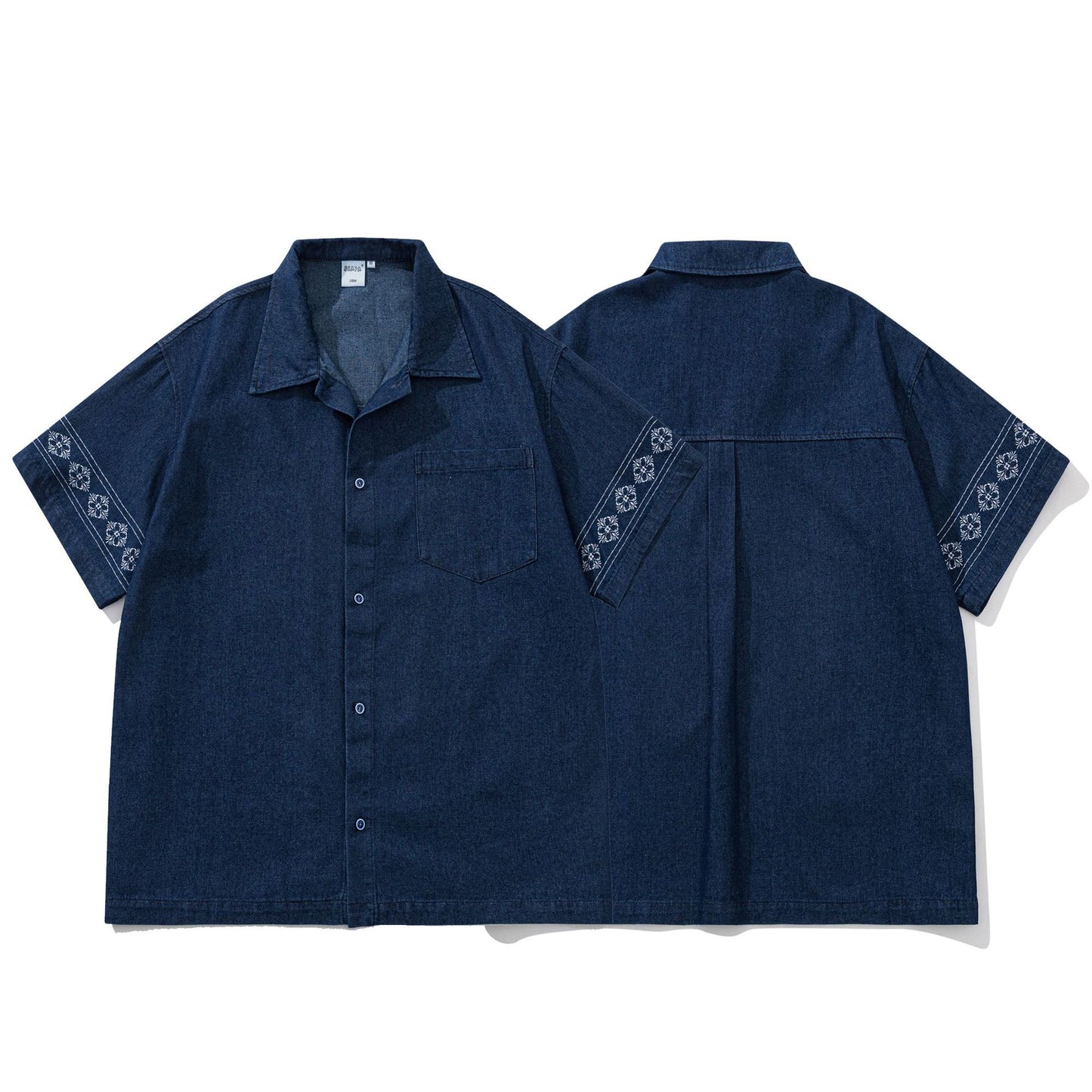 民族調刺繍入りオープンカラーデニムシャツ