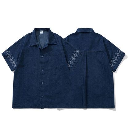 民族調刺繍入りオープンカラーデニムシャツ