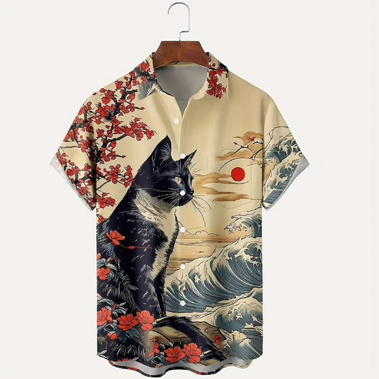 浮世絵風猫柄プリント入り半袖シャツ