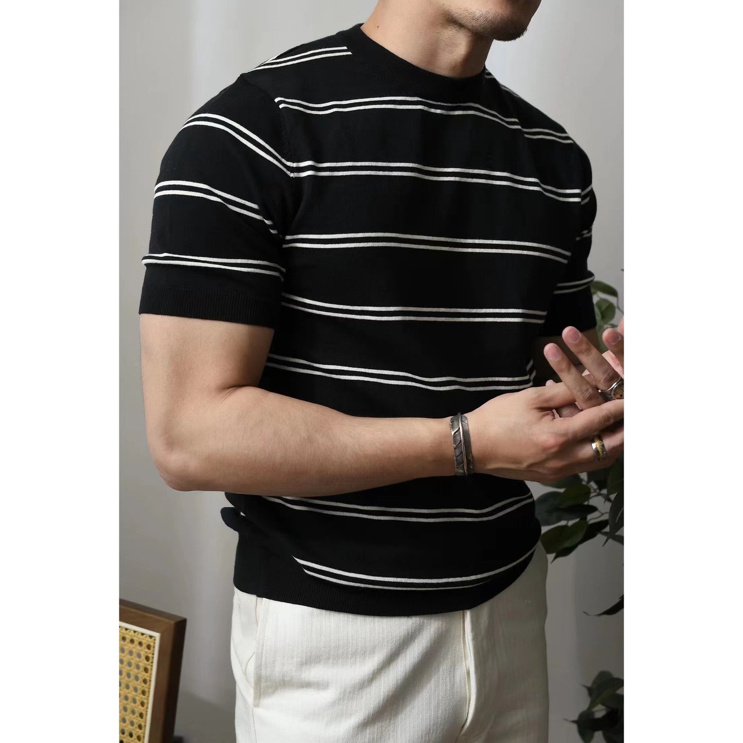 定番横ストライプ通勤高品質ニットTシャツ