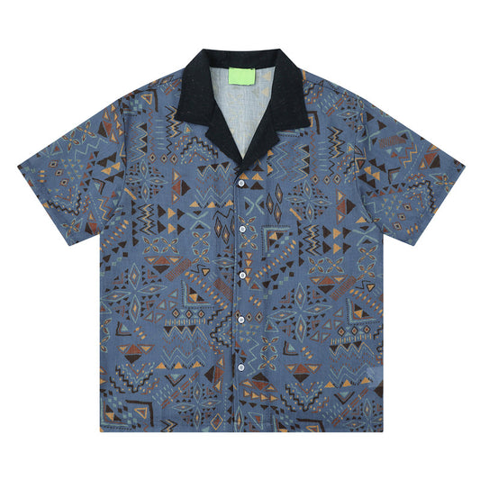 レトロトーテム配色折り襟シャツ