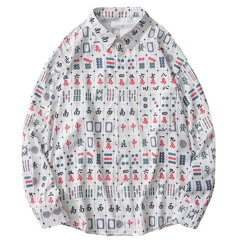 麻雀プリント総柄　長袖シャツ