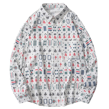 麻雀プリント総柄　長袖シャツ