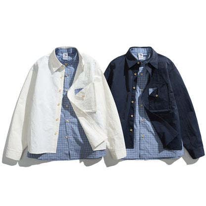 無地シャツ×チェック柄シャツ　フェイクレイヤード仕様デザインシャツ