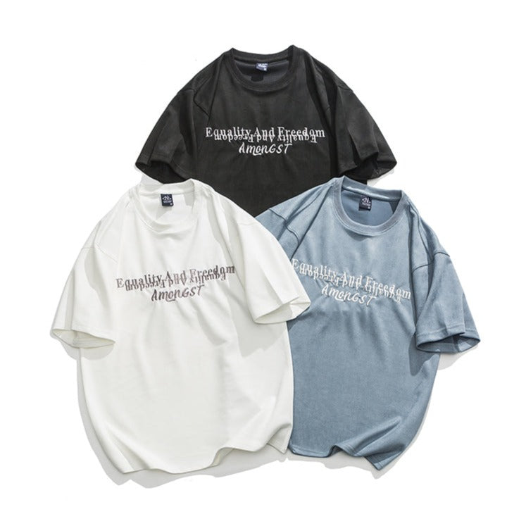 レトロスエードアルファベット半袖Tシャツ