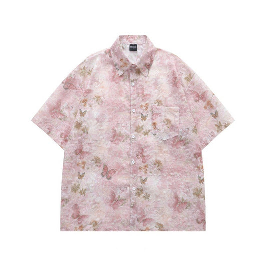 蝶プリント半袖グラデーションシャツ