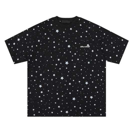 星☆プリント刺繍入り半袖Tシャツカップル服