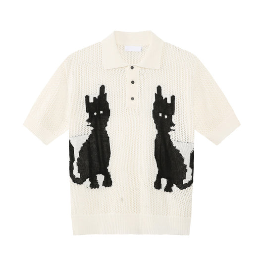 ボタン付きオープンカラー夏ニットＴシャツ