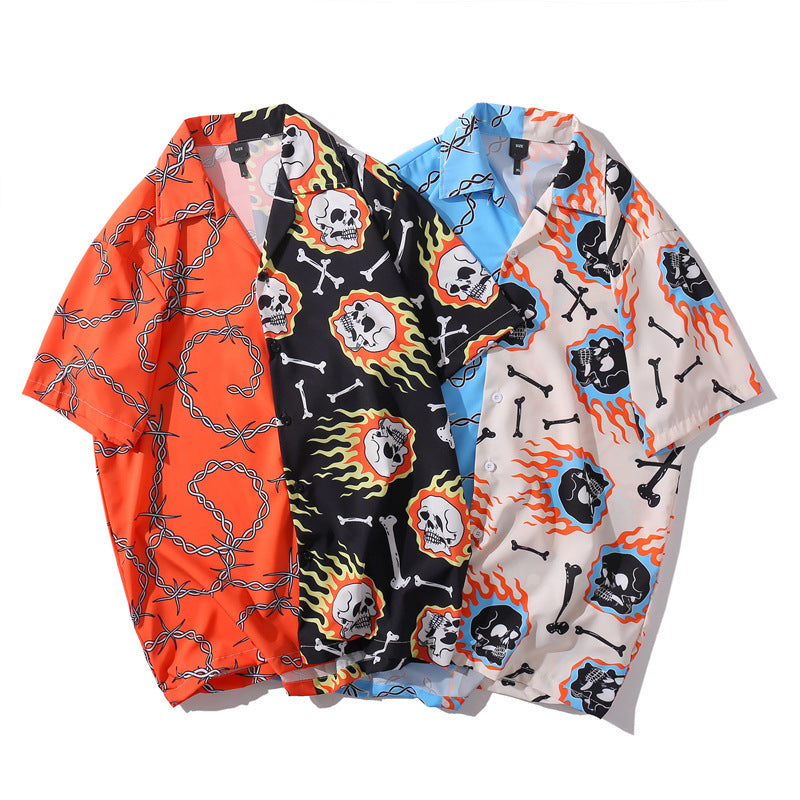 アシンメトリー骸骨プリント総柄シャツ