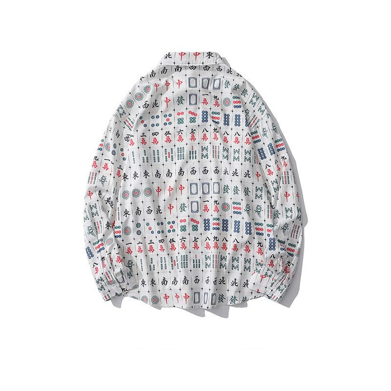 麻雀プリント総柄　長袖シャツ