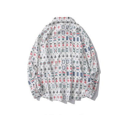 麻雀プリント総柄　長袖シャツ