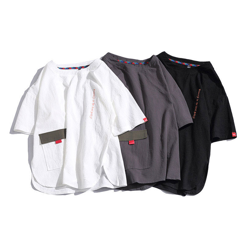 3色展開bigポケット付きリネン半袖Tシャツ