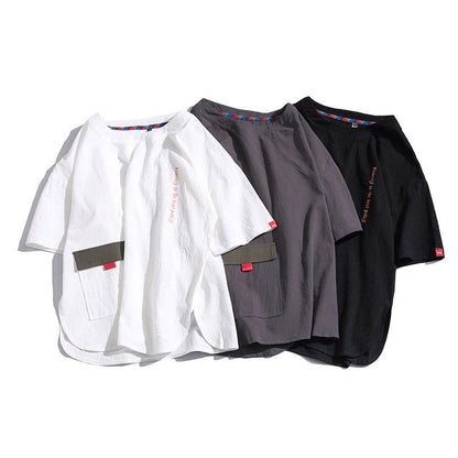 3色展開bigポケット付きリネン半袖Tシャツ