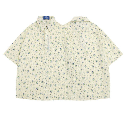 ハワイ花総柄プリント半袖アロハシャツ