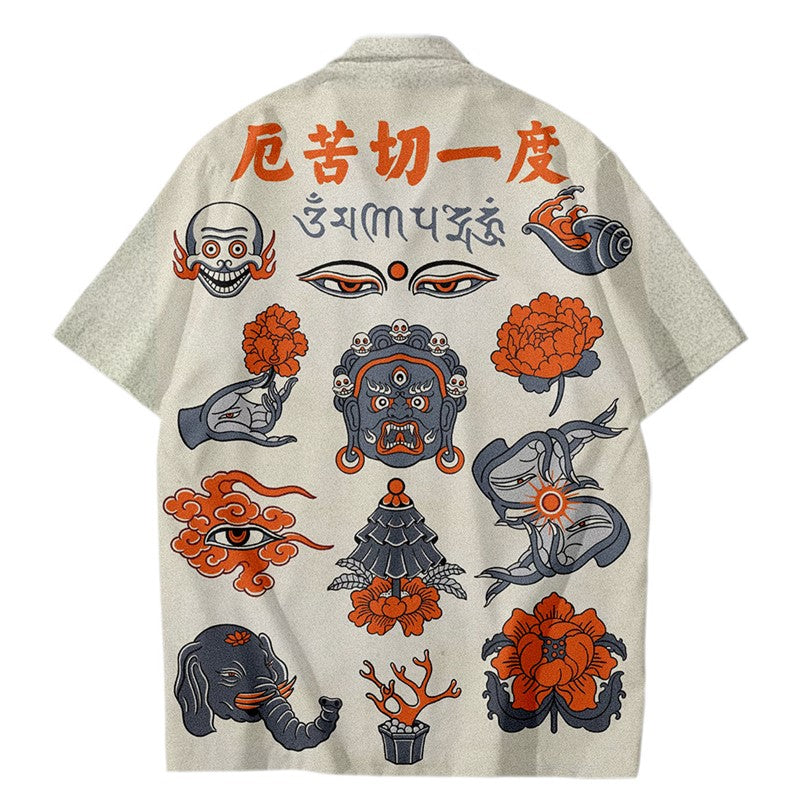 浮世絵風「悪魔の目」プリントオープンカラーシャツ