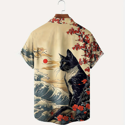 浮世絵風猫柄プリント入り半袖シャツ