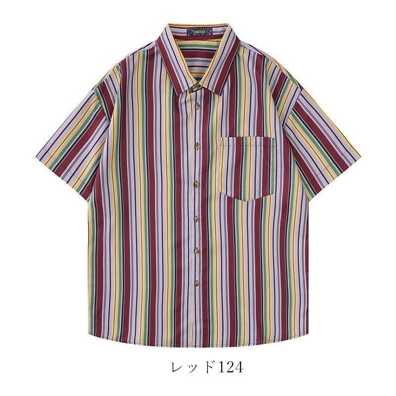 レトロ風ストラップ柄ポケット半袖シャツ